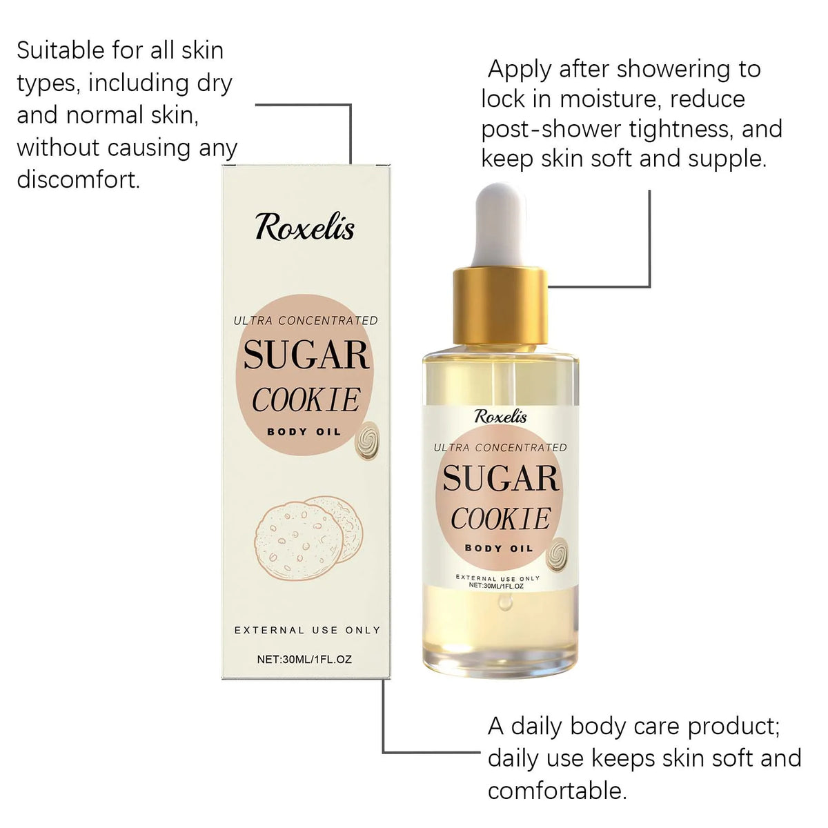 Roxelis Sugar Cookie Body Oil – Moisturizing Skin Oil 30ml Moisturizing Body Oil QXL