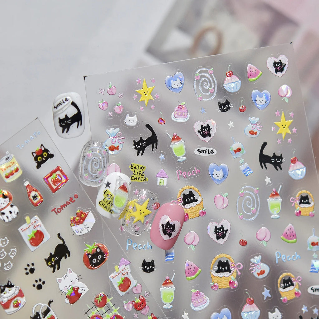 5D Cartoon Nail Stickers – Peach Cat Watermelon Self-Adhesive Nail Art Stickers QXL