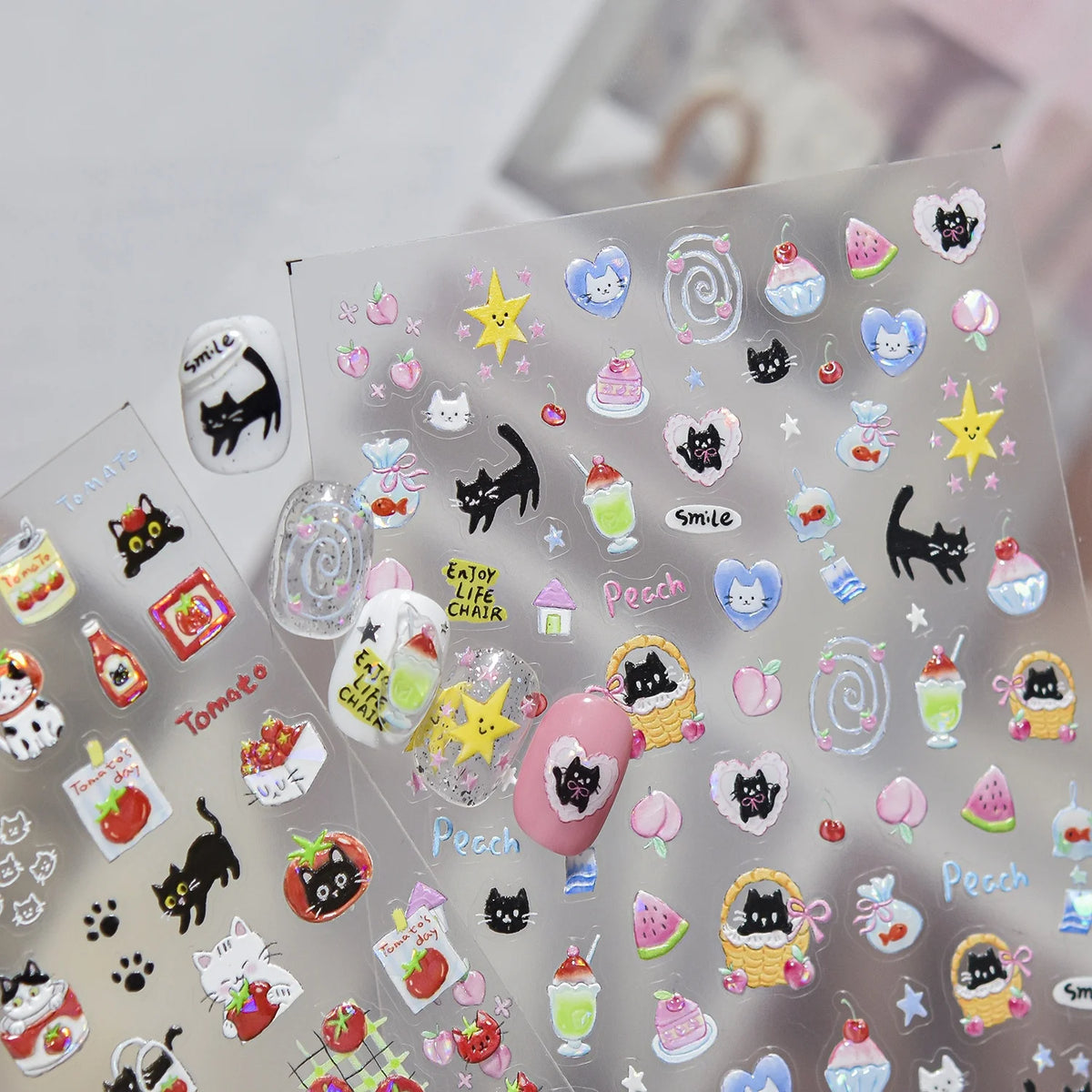 5D Cartoon Nail Stickers – Peach Cat Watermelon Self-Adhesive Nail Art Stickers QXL
