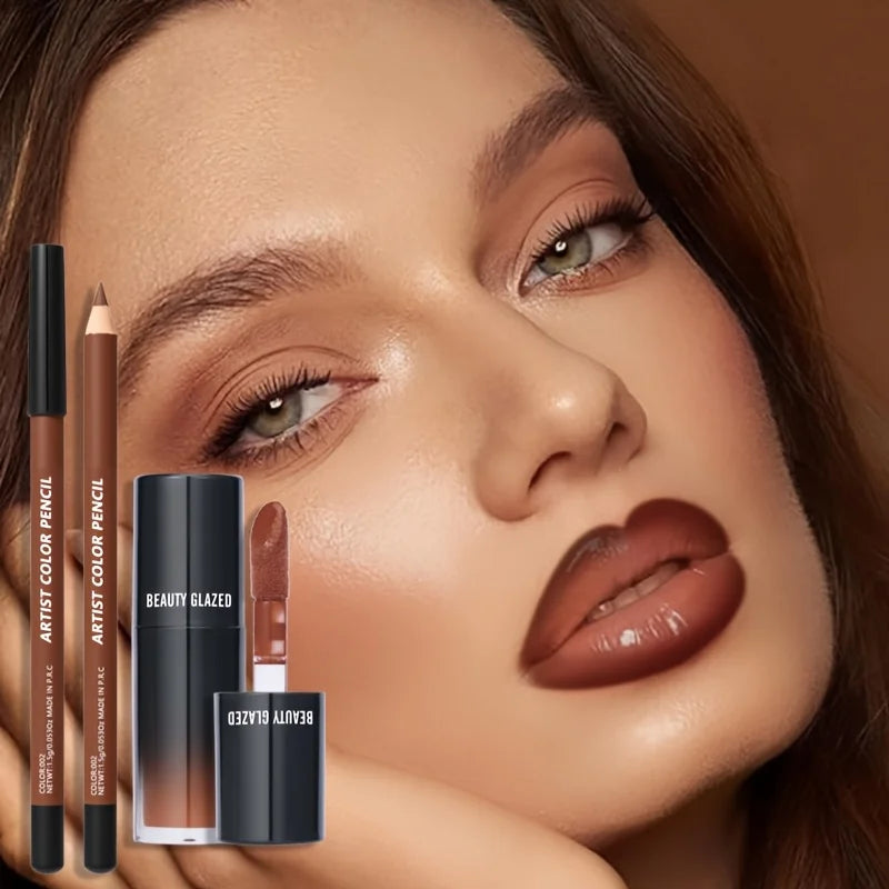 2-Pc Matte Lip Liner & Lip Oil Combo | Waterproof Brown Tinted Lip Liner & Lip Oil Set QXL