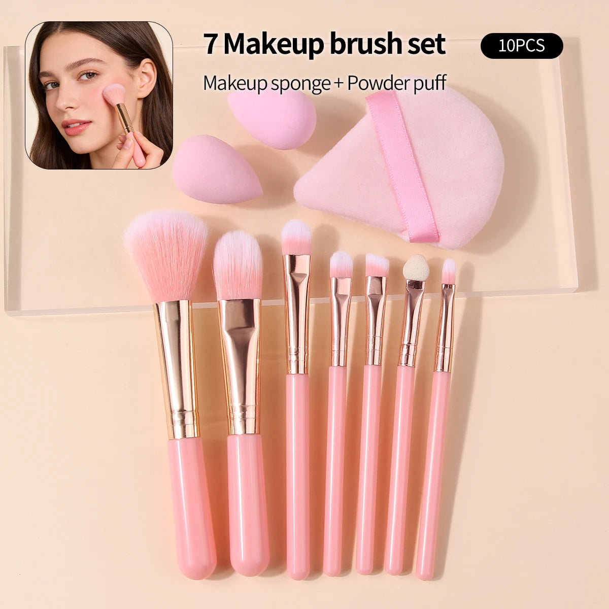 10-Pc Pink Mini Makeup Brush Set with Sponge Egg | KOSSHOW Makeup Brush Set QXL