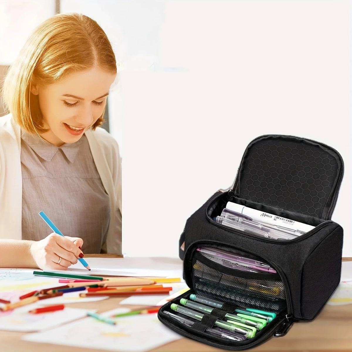 Large Capacity Pencil Case Multi-Compartment Organizer & Handle Pencil Case Organizer QXL