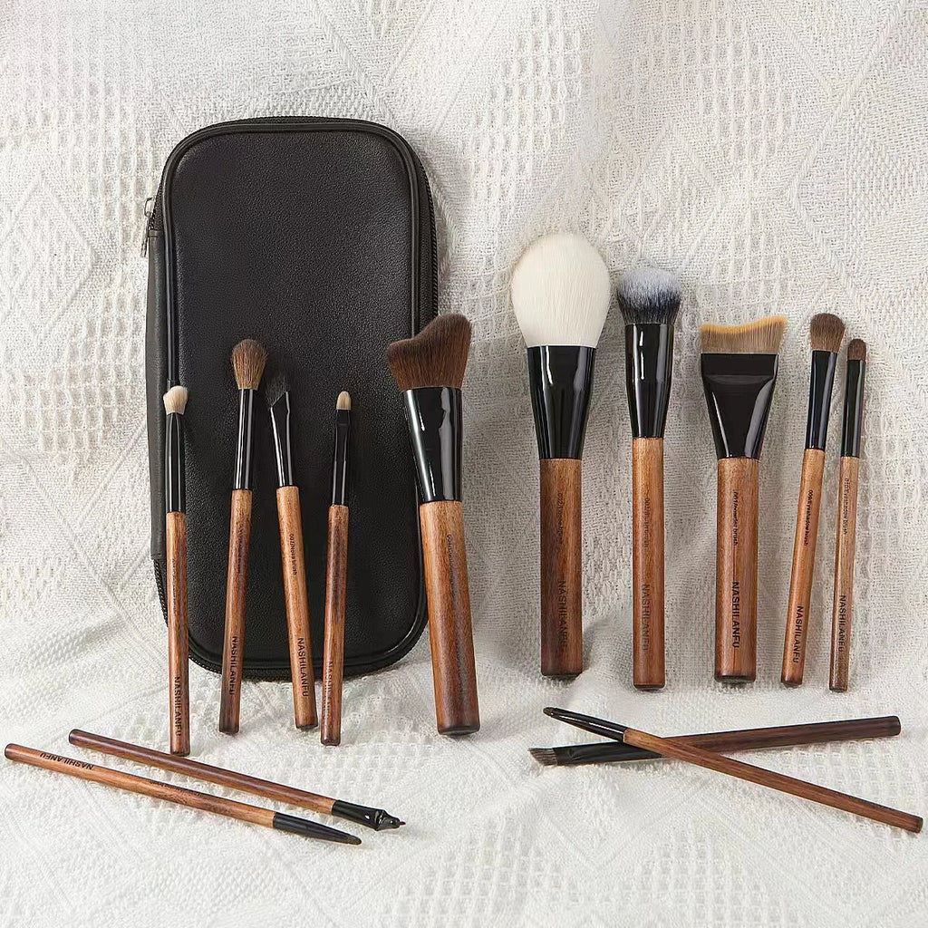 14-Piece Makeup Brush Set | Wooden Handle & Portable Case Makeup Brush Set QXL 14PCS