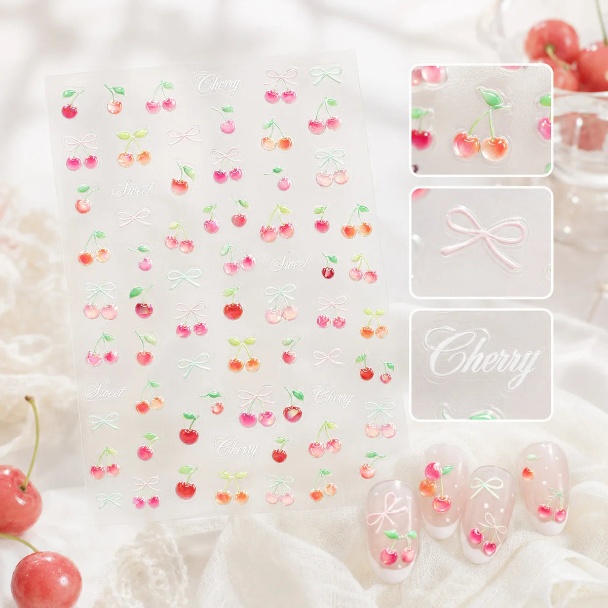 Jelly Cherry Bow 5D Nail Stickers | Fruity Decals Nail Art Stickers QXL