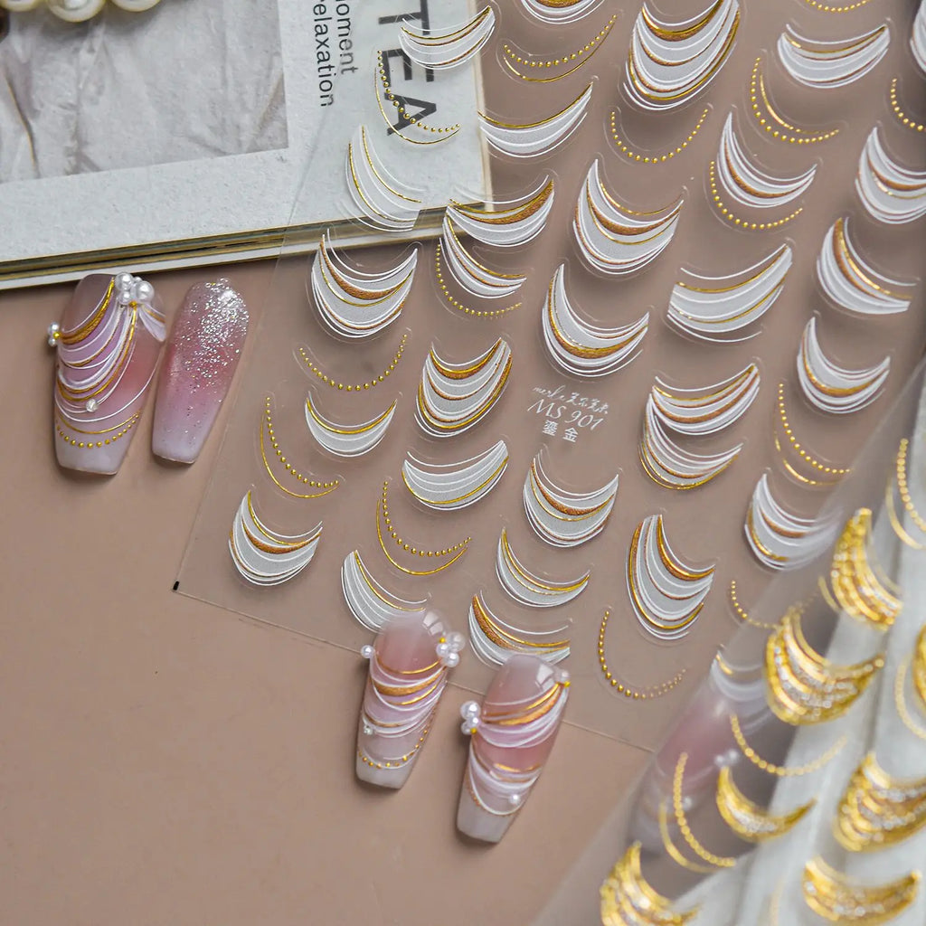 5D French Nail Stickers | Gold Border Crescent Bead Chain Decals Nail Art Stickers QXL