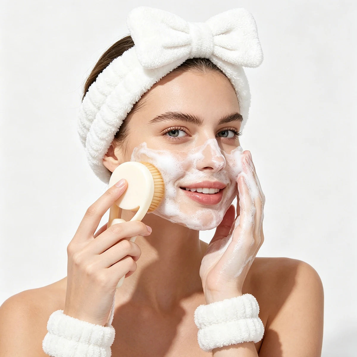 4-Piece Facial Cleansing Kit – Bow Headband, Wristbands & Brush Facial Cleansing Set QXL