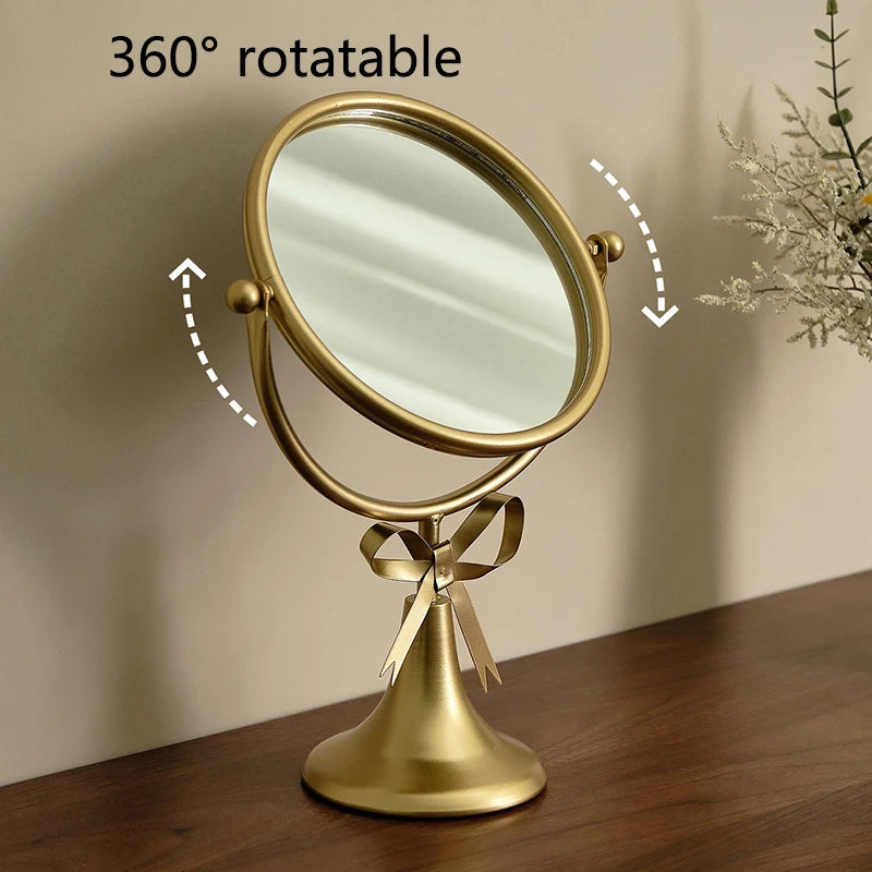 Retro Vanity Mirror Iron Frame 360° Rotating Bowknot Makeup Mirror Vanity Makeup Mirror QXL