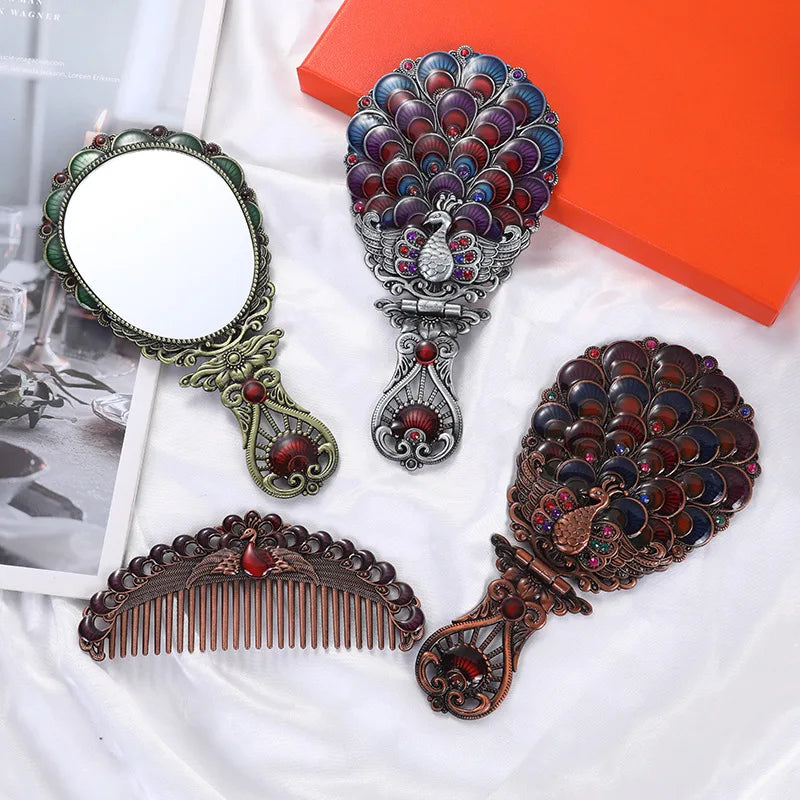 Peacock Folding Hand Mirror & Comb Set | Retro Metal Gift Box Folding Vanity Mirror Set QXL