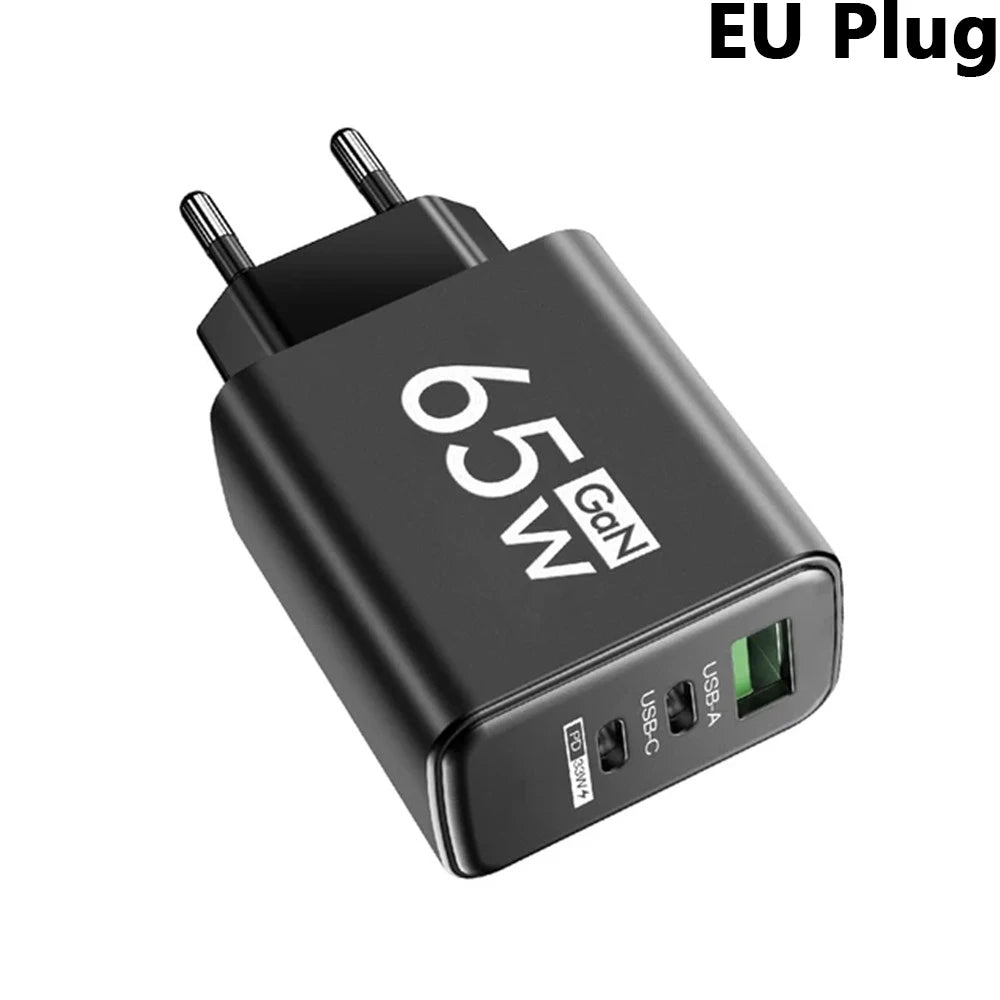 65W GaN USB-C Wall Charger | 3-Port PD3.0 Fast Charging GaN Wall Charger QXL Black EU Plug 100-240V