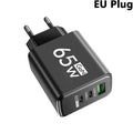 65W GaN USB-C Wall Charger | 3-Port PD3.0 Fast Charging GaN Wall Charger QXL Black EU Plug 100-240V