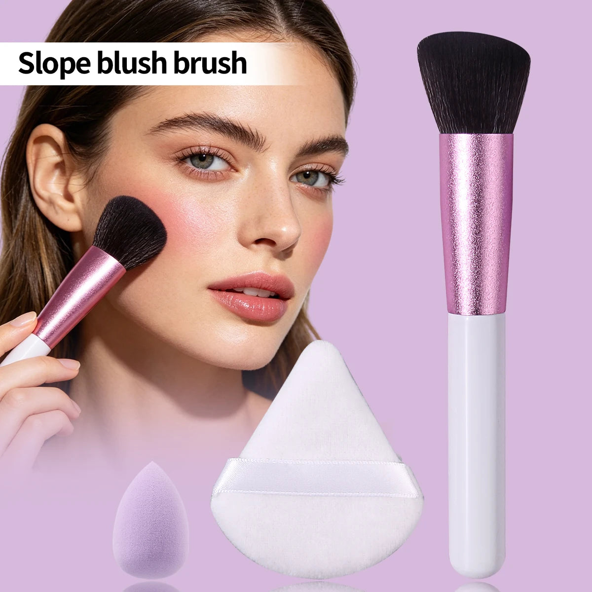 KOSSHOW 3-Pc Makeup Set – Blush Brush, Sponge & Powder Puff Makeup Brush Set QXL WHITE
