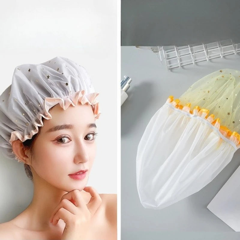 Double-Layer Waterproof Shower Cap | EVA & PVC Star Print Shower Cap QXL