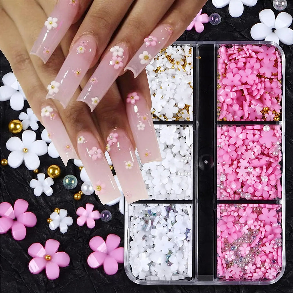 3D Flower Nail Art Charms – Kawaii Resin Pink & White Set 3D Nail Art Charms QXL