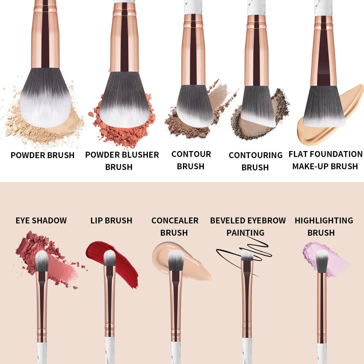 Ronshadow 10-Pc Marble Makeup Brush Set with Storage Bucket Makeup Brush Set QXL