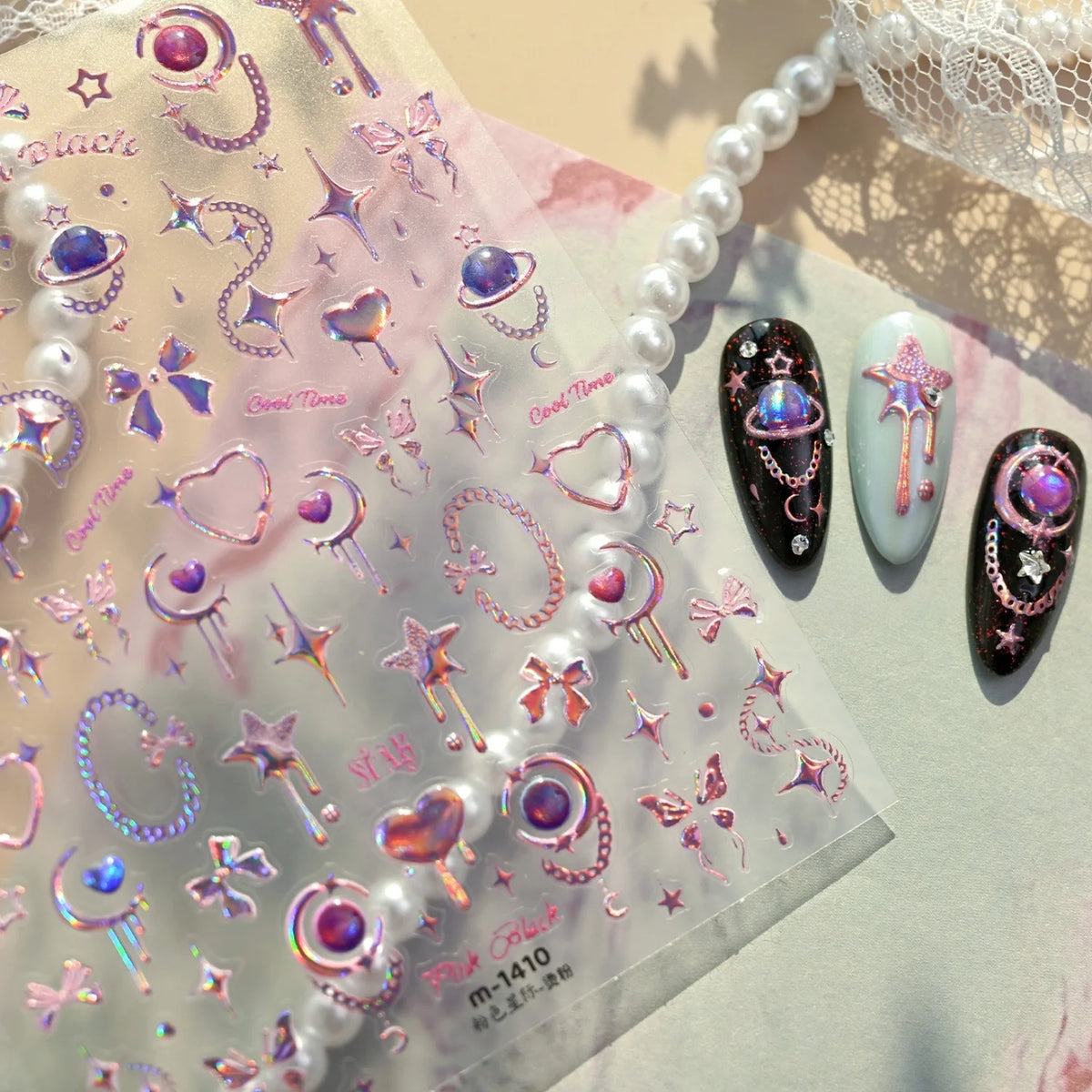 5D Holographic Y2K Nail Stickers | Star Moon Heart Decals Nail Art Stickers QXL