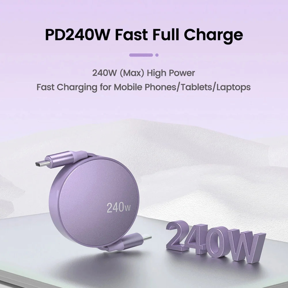 PD 240W Retractable USB-C to C Fast Charging Cable 1M USB-C Charging Cable QXL