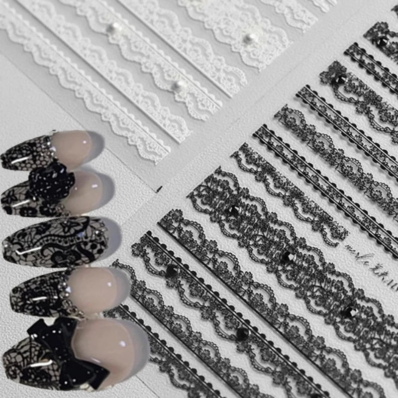 3D Lace & Pearl Nail Art Stickers | Black & White Decals Nail Art Stickers QXL