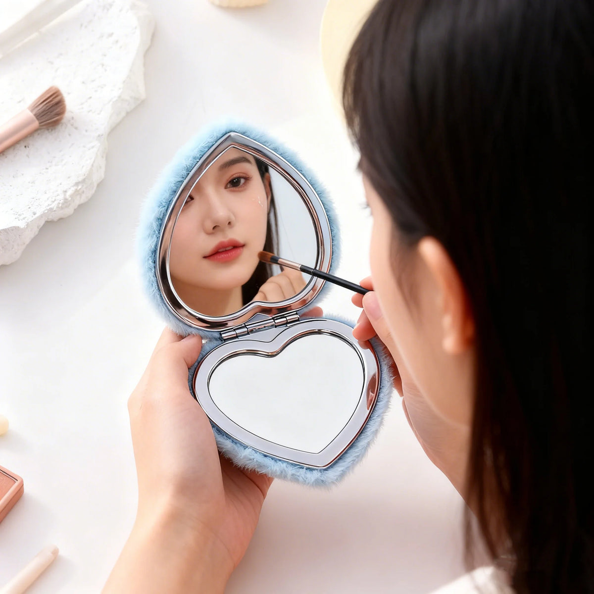 Heart-Shape Plush Double-Sided Folding Makeup Mirror | Portable Folding Makeup Mirror QXL