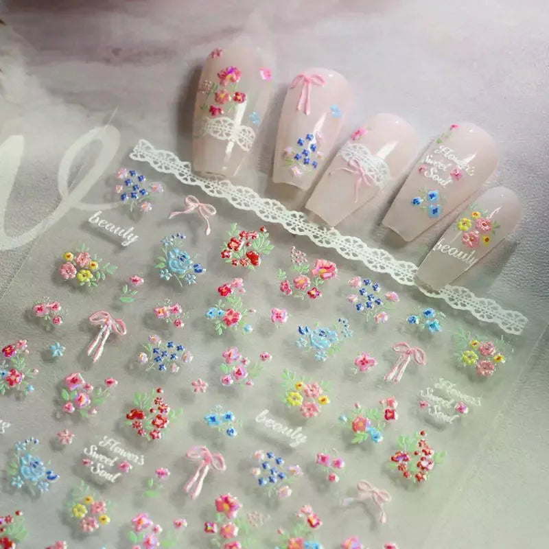3D Spring Flower & Bow Nail Stickers | Rose Bouquet Decals Nail Art Stickers QXL
