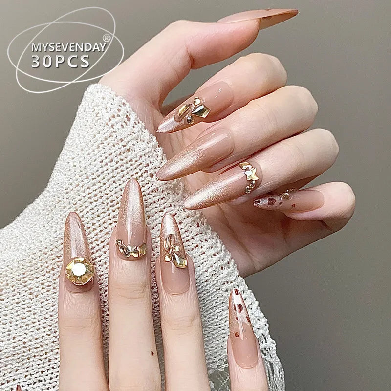 Cat-Eye Leopard Diamond French Press-On Nails | 10pc Set Press-On False Nails QXL