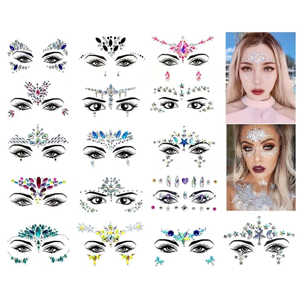3D Face Jewels Rhinestone Temporary Tattoo Stickers | Party Gems Face Gem Stickers QXL