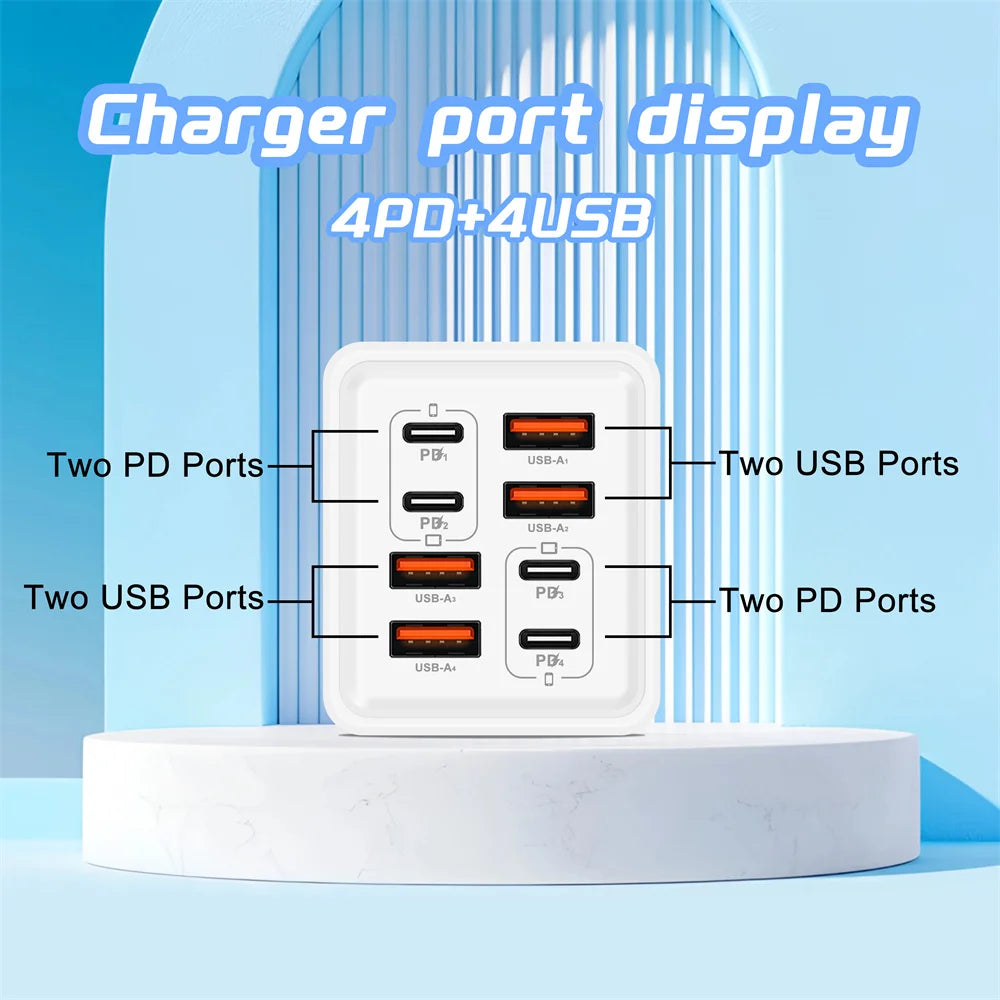 240W 8-Port USB-C PD QC 3.0 Fast Charger | Multi-Device Multi-Port USB Charger QXL