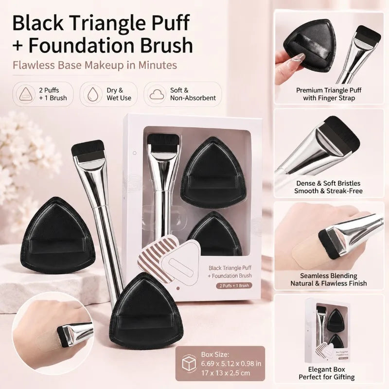 Triangle Makeup Puff & Foundation Brush Set – 3-Piece Makeup Sponge & Brush Set QXL