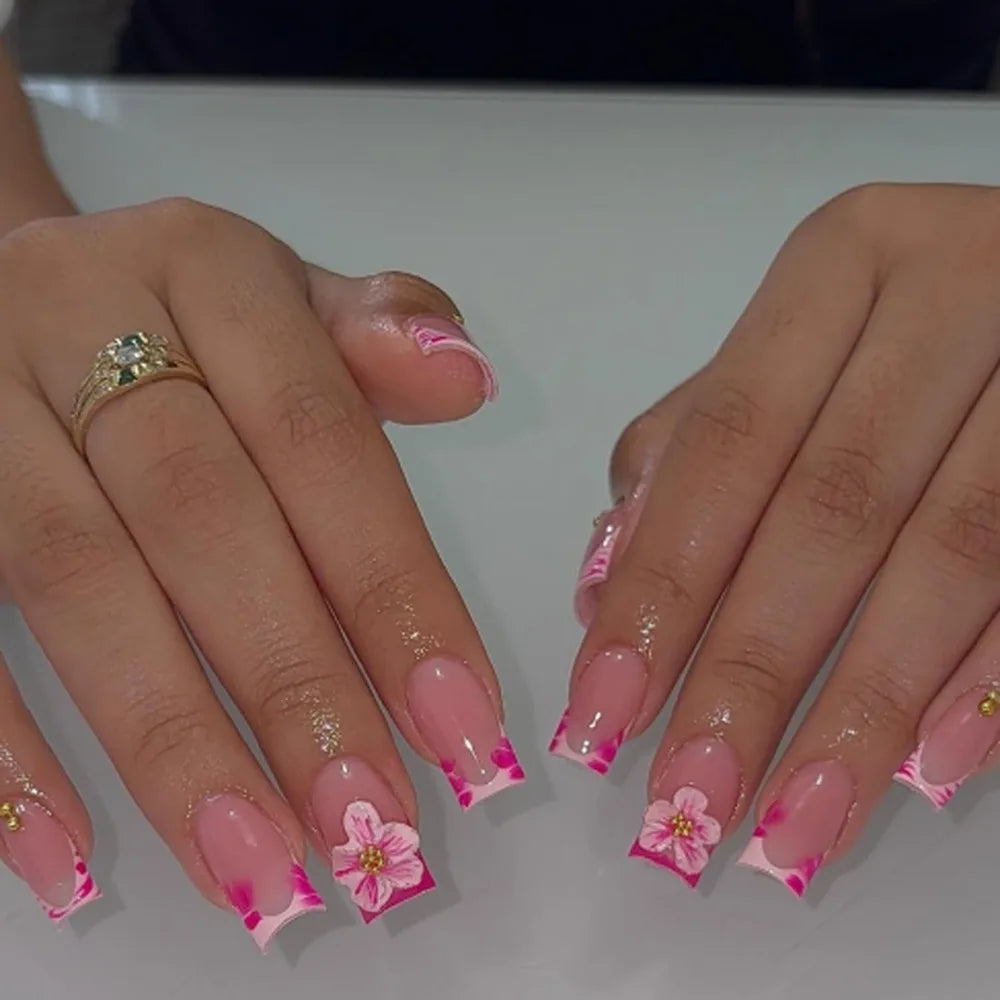 Long Ballerina Press-On Nails – Pink Flowers & French Tips Press-On Nails QXL JP3894
