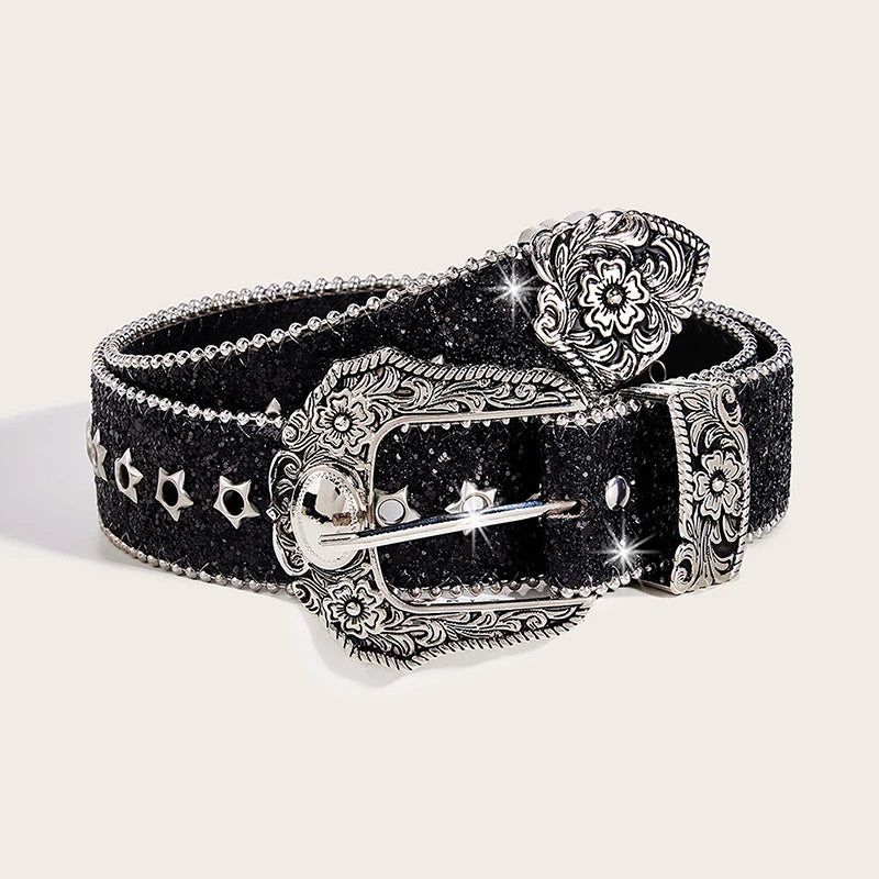 Women's Rhinestone Belt | Gothic Y2K Western Cowboy PU Leather Rhinestone Fashion Belt QXL Black