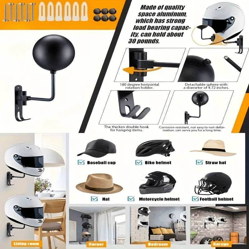 Wall-Mount Metal Motorcycle Helmet Rack | 180° Rotating Hooks Helmet Wall Rack QXL
