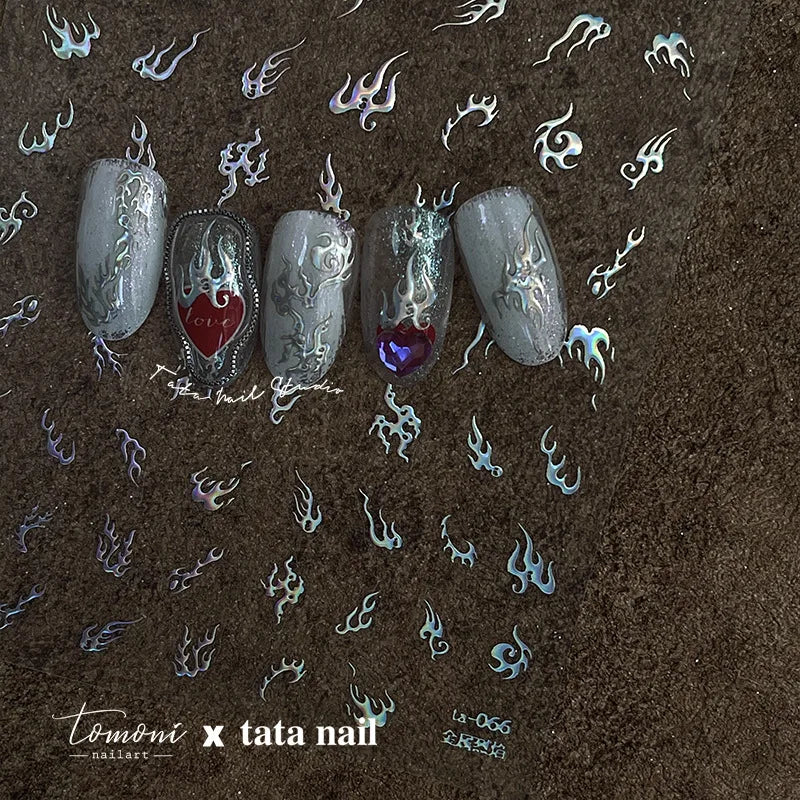 5D Laser Silver Flame Nail Stickers | Hot Stamping Decals Nail Art Stickers QXL