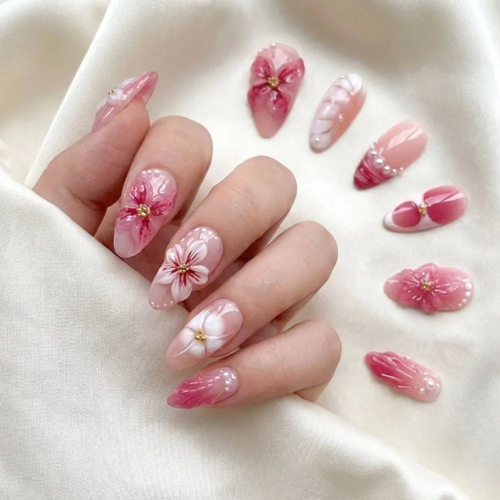 3D Flower Almond Press-On Nails | Gradient Pink Reusable Set Press-On Nail Set QXL