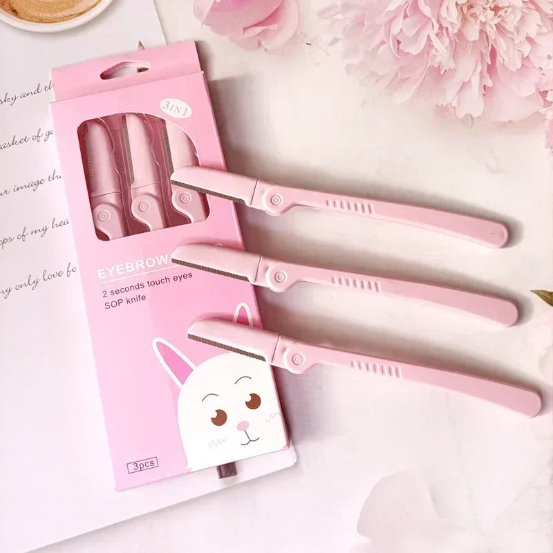 3-Pack Pink Folding Eyebrow Razors & Face Trimmer Set Eyebrow Razor Set QXL