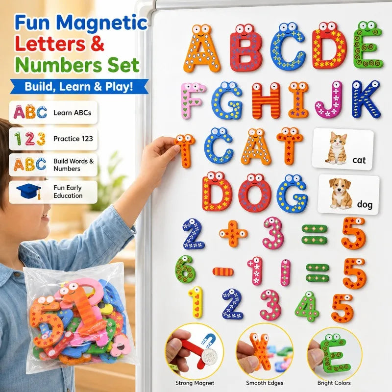 Magnetic Wooden ABC 123 Fridge Magnets for Kids | Learning Toy Educational Magnet Set QXL