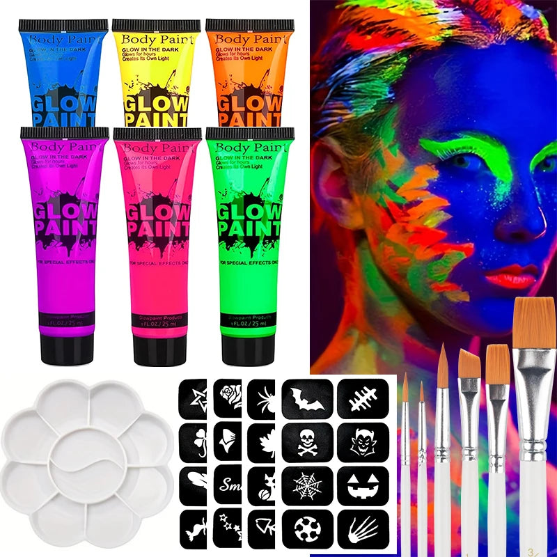 6-Pack Neon UV Glow Face & Body Paint – 6 Colors, 25ml UV Face & Body Paint QXL