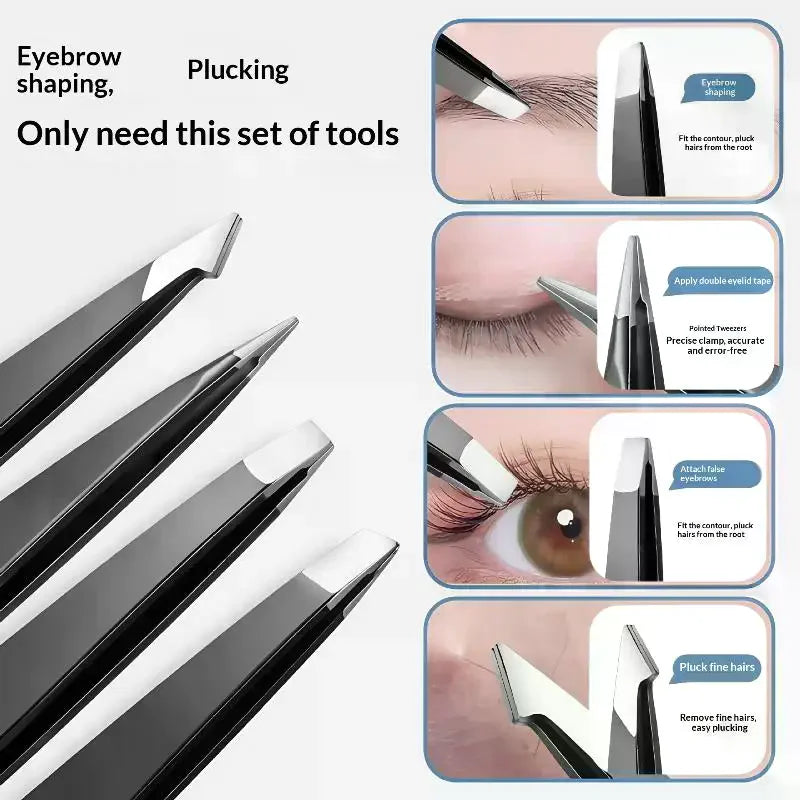 4-Pc Colorful Stainless Steel Tweezer Set with Storage Bag Eyebrow Tweezer Set QXL