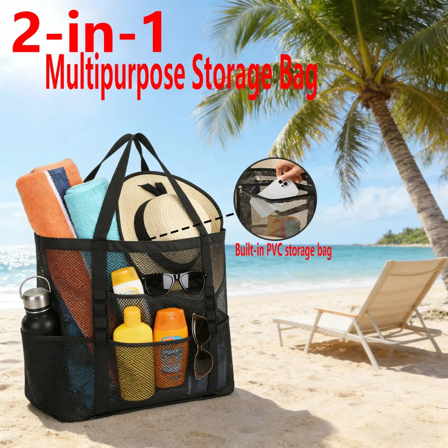 2-in-1 Large Mesh Beach Bag with Waterproof Zipper Pocket Mesh Tote Bag QXL Black Large XL