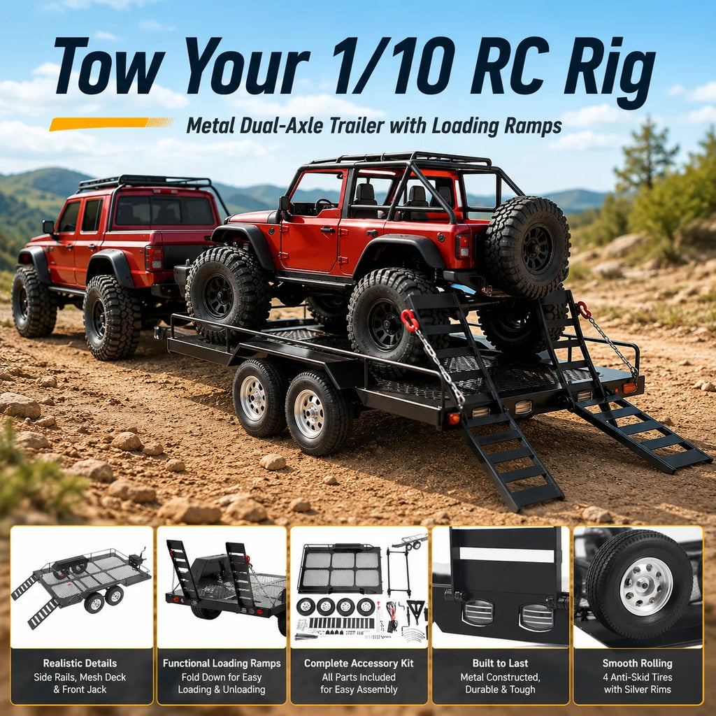 1/10 Scale Metal RC Trailer 4 Tires | SCX10 TRX4 RC4WD D90 RC Trailer Accessory QXL