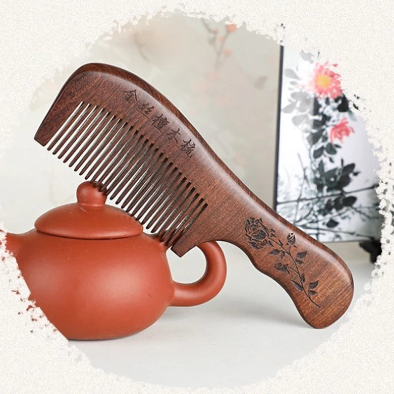 Natural Sandalwood Wood Comb – Anti-Static Wide & Narrow Tooth Wooden Hair Comb QXL