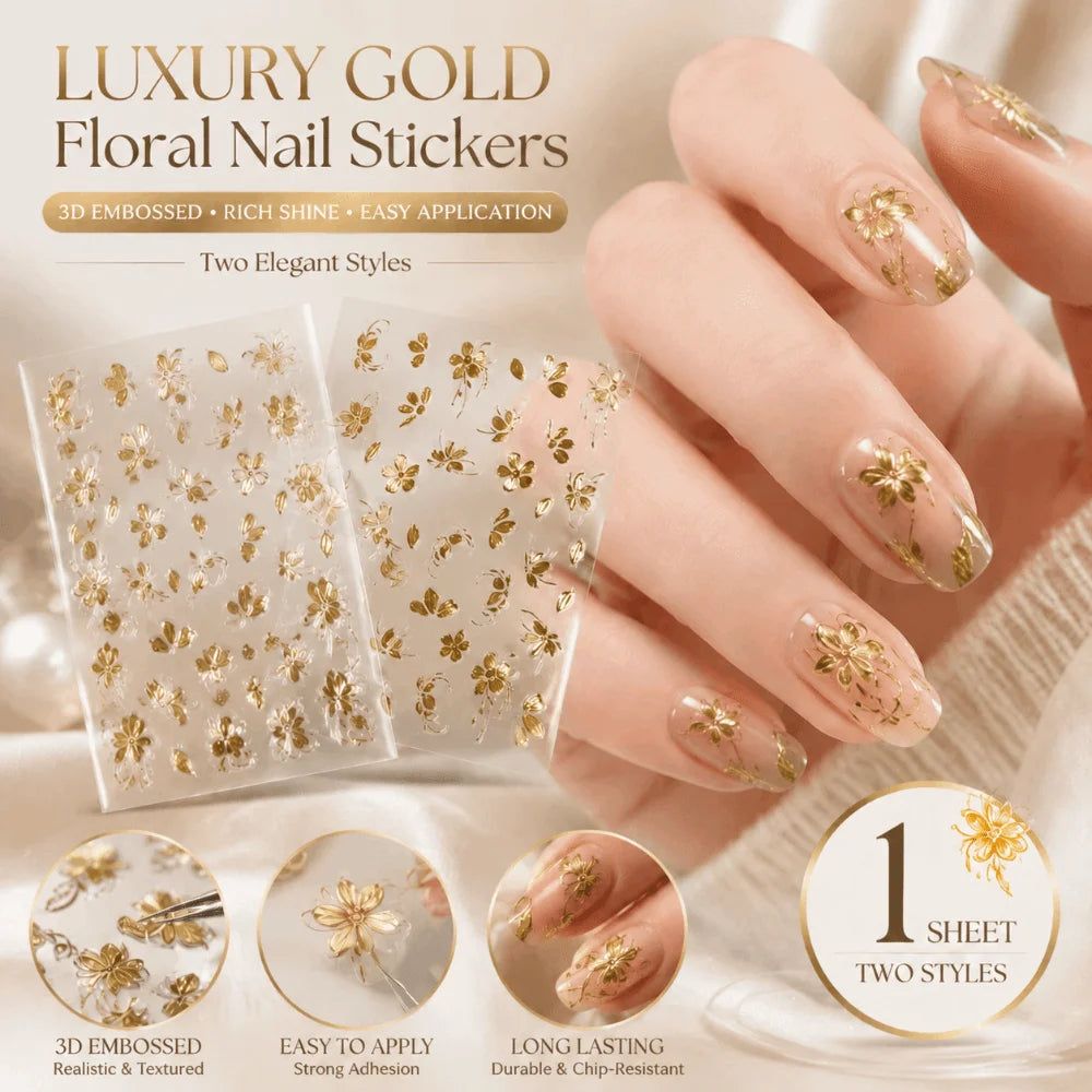 Gold Flower 3D Nail Stickers | Floral Relief Press-On Art Nail Art Stickers QXL