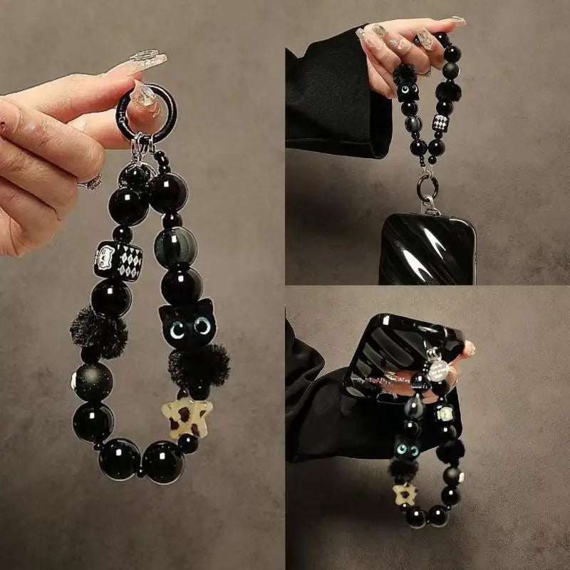 Black Fluffy Cat Phone Strap | Beaded Wrist Chain & Bag Charm Phone Wrist Strap QXL Default Title