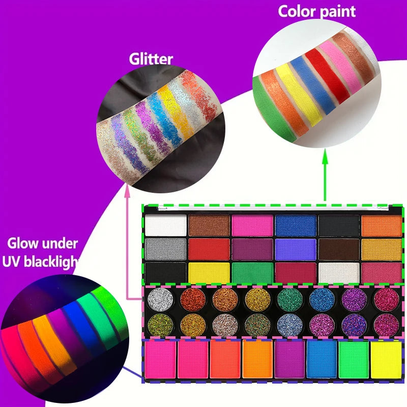 VERONNI 42-Color UV Glow Neon Face & Body Paint Palette UV Body Paint QXL