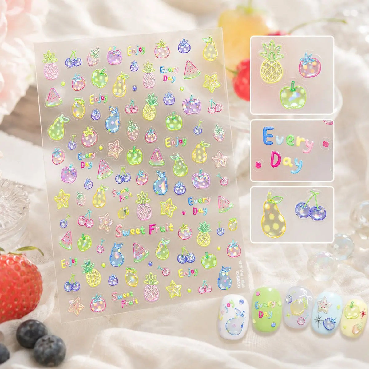 5D Iridescent Jelly Fruit Nail Stickers – Self-Adhesive Decals Nail Art Stickers QXL