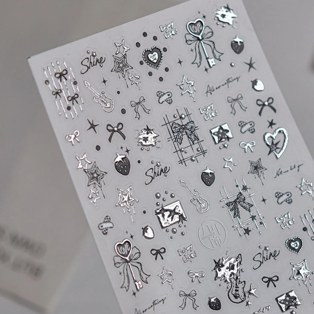 5D Mirror Metal Nail Stickers – Silver & Black Self-Adhesive Nail Art Stickers QXL