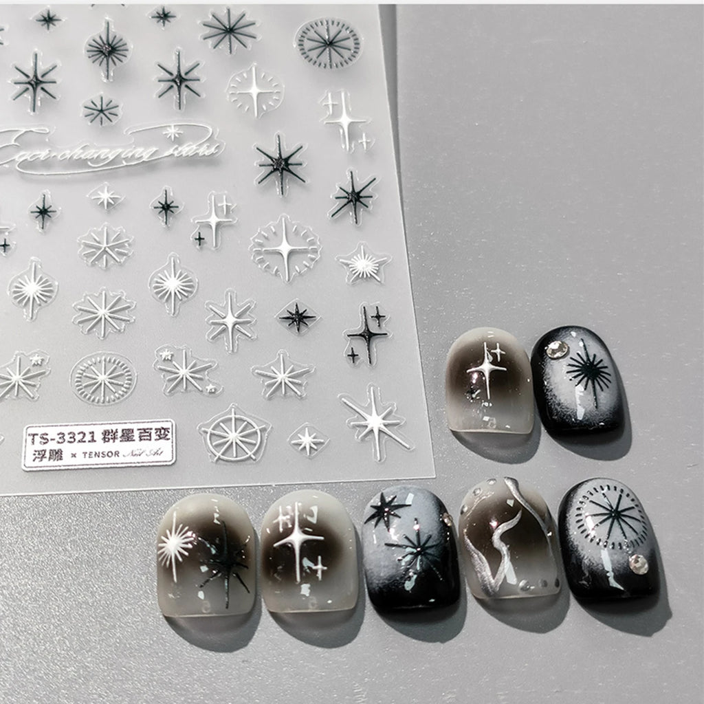 5D Black & White Star Nail Art Stickers | Punk Kawaii Decals Nail Art Stickers QXL