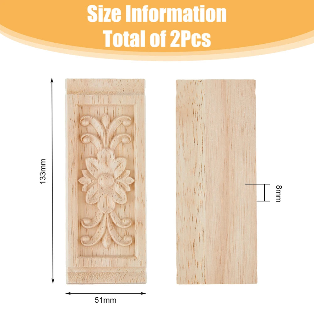 2-Pack Rectangle Wood Carved Applique | Floral Furniture Onlay Wood Carved Applique QXL AECH04-06406