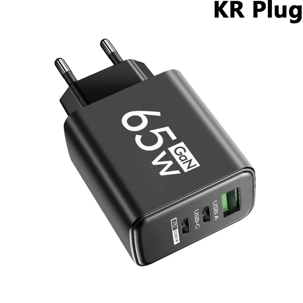 65W GaN USB-C Fast Charger PD 3.0 Wall Adapter GaN USB-C Charger QXL Black KR Plug