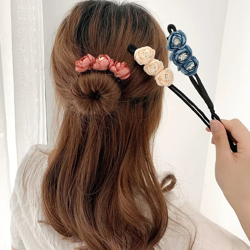 Chiffon Flower Bun Maker & Hair Braider Clip | Korean Style Hair Bun Maker Clip QXL