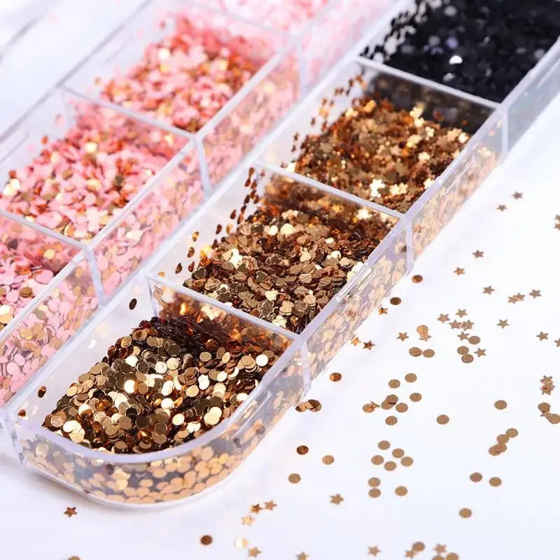 12-Grid Holographic Nail Glitter Sequins – Star Heart Round Nail Glitter Sequins QXL