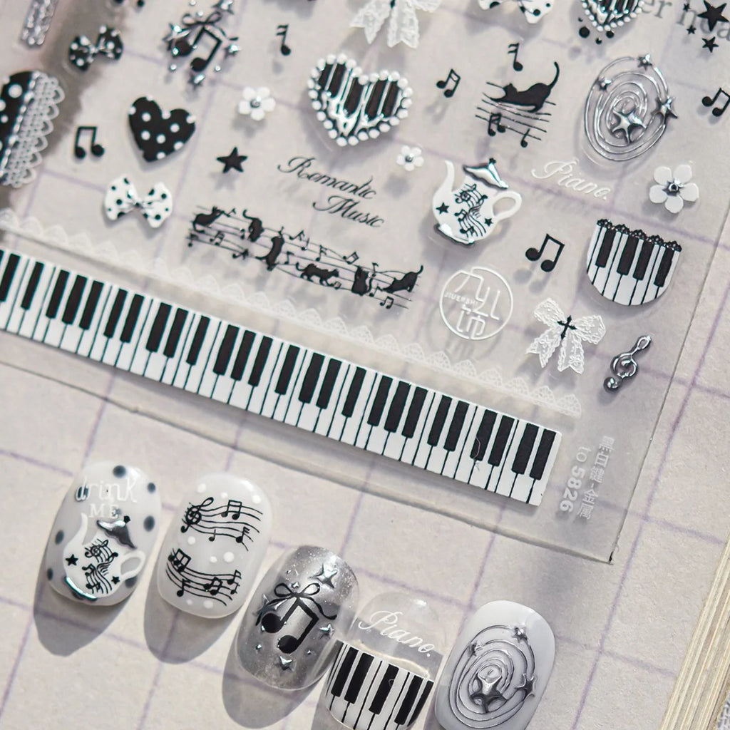 5D Piano Nail Stickers – Retro Music Note & Lace Decals Nail Art Stickers QXL